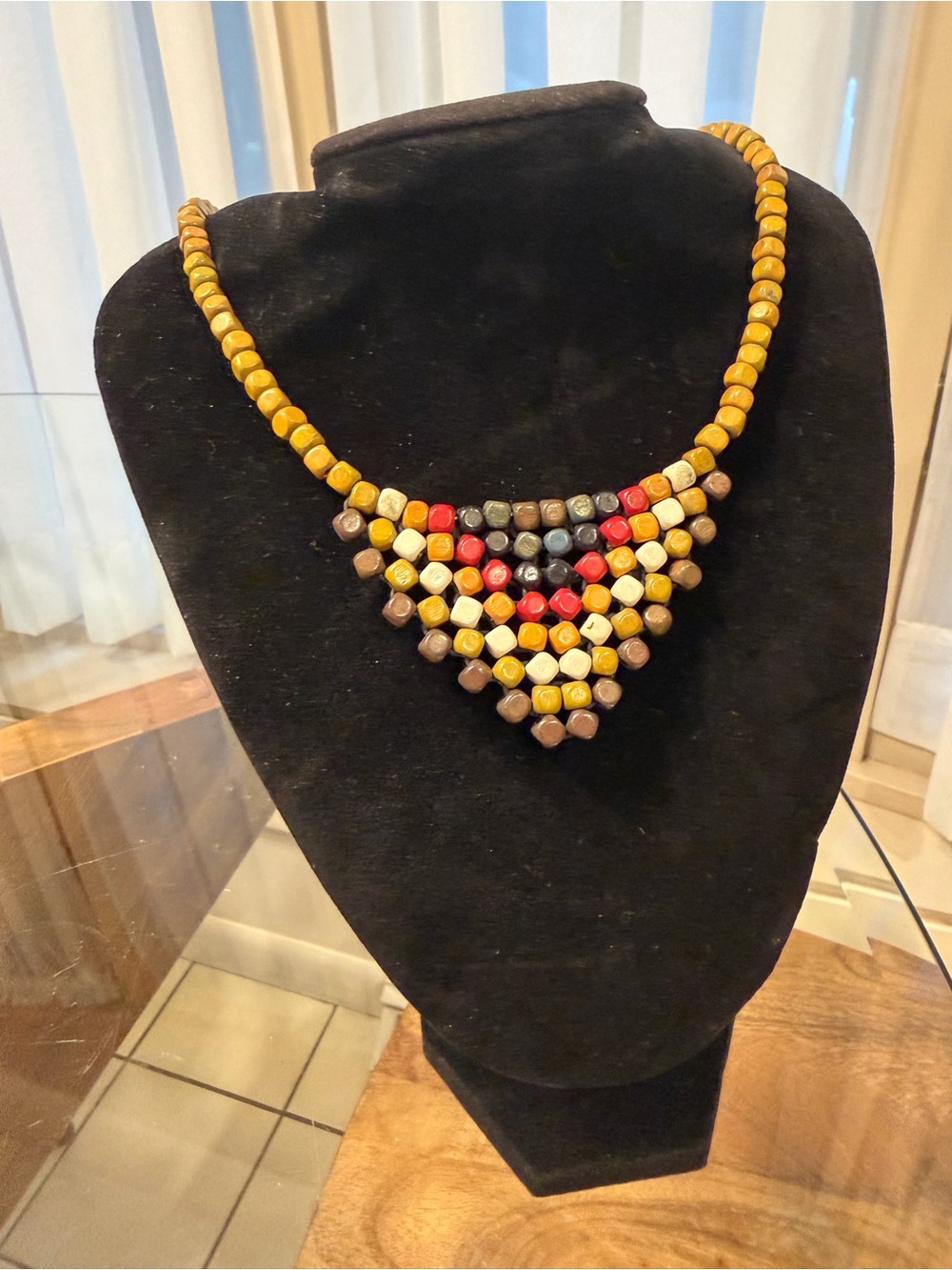Vintage Handcrafted Multicolor Wood Beaded Triangle Necklace
